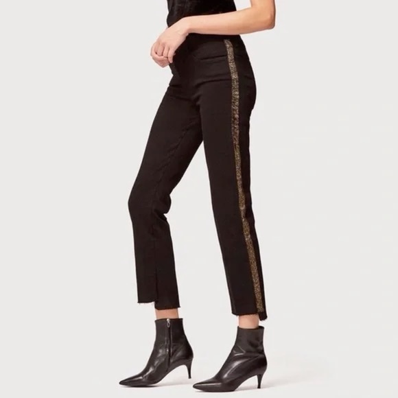 FRAME Le High Straight Raw Hem Black Jeans Tux Metallic Velvet Stripe Size 28 - Picture 2 of 6